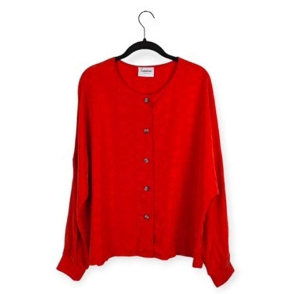Callahan Red Geometric Lib Puff-Sleeve Button-Up Cupio Blouse Size Large Silky
